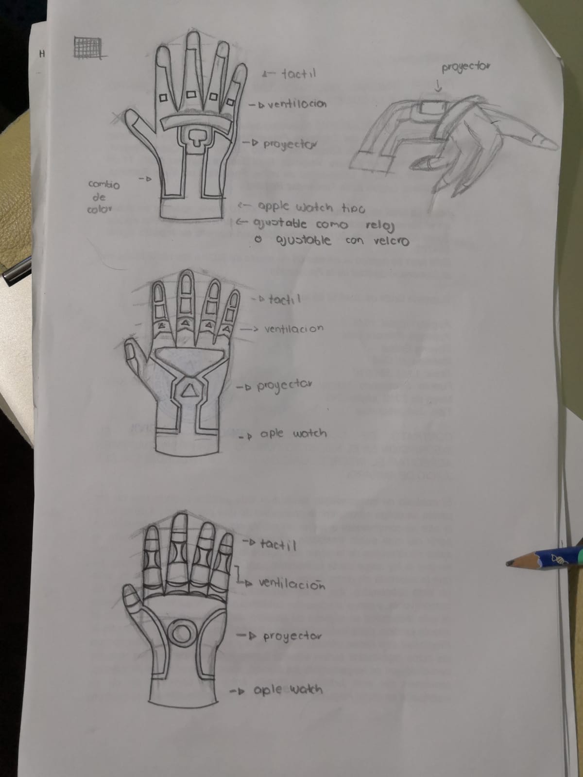 Guantes táctiles, ventilación de en los nudillos, proyector y cambio de color, un reloj tipo apple wach en la parte de la 
            muñeca con un ajustable tipo de reloj o con velcro. Segunda y tercera propuesta guantes táctiles, ventilación en la mitad de los 
            dedos, protectores a los costados de la palma y apple wach en la parte de la muñeca