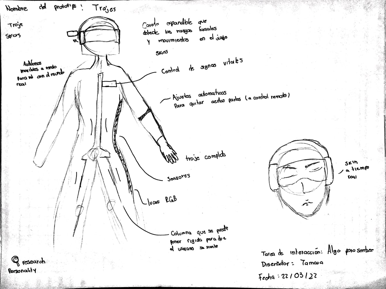 Boceto de traje con funciones de control de signos vitales, ajustes automaticos, sensores, luces rgb, 