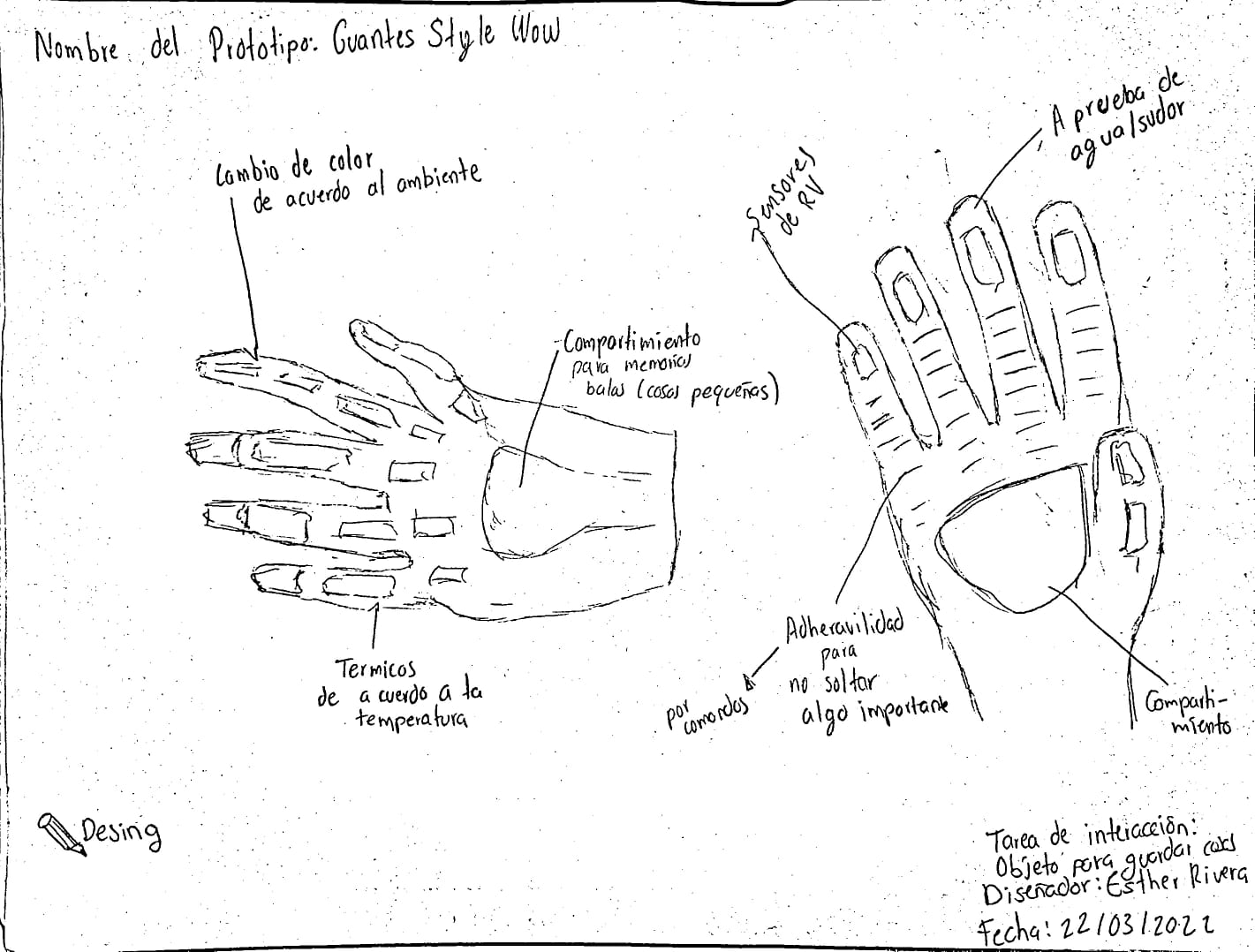 Boceto de guantes con cambio de color con el medio ambiente, compartimientos, ajuste termico, adherivilidad, sensores RV y  aprueba 
                de agua/sudor,